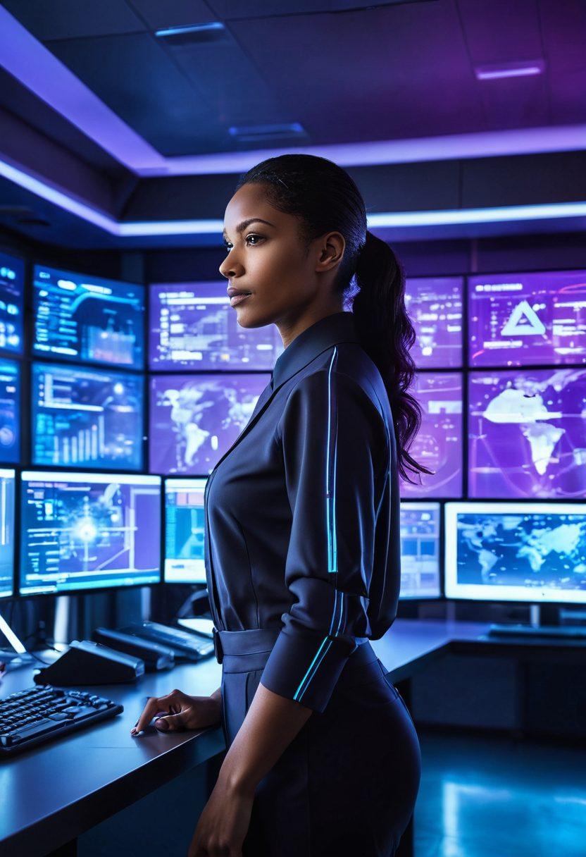 A powerful female figure standing confidently in a futuristic telecommunications control room, surrounded by holographic data displays and communication technologies. The ambiance radiates empowerment, with soft blue and purple lighting, emphasizing innovation and excellence. Diverse women from various backgrounds are collaborating, showcasing inclusivity in technology. The background features a skyline of a high-tech city, symbolizing the future. vibrant colors. super-realistic.