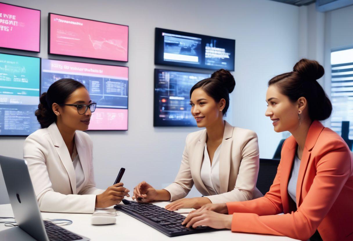 A dynamic scene featuring women of diverse ethnicities engaged in technology discussions, surrounded by high-tech gadgets and vibrant screens displaying data. Include a backdrop of a modern office with motivational posters highlighting female empowerment in tech. Emphasize collaboration and innovation with soft lighting to create an inspiring atmosphere. super-realistic. vibrant colors. white background.