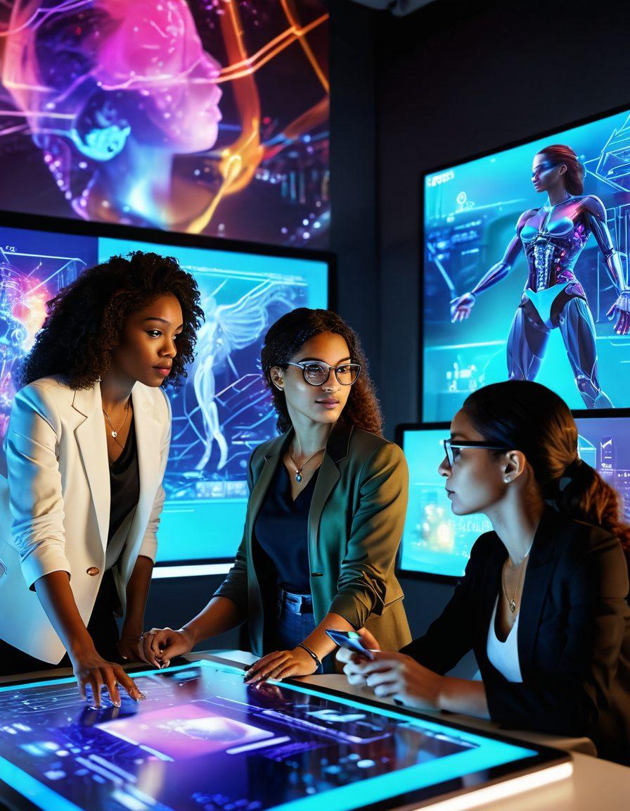 A diverse group of empowered women in tech, collaborating around a futuristic workspace filled with screens displaying data and innovative designs. One woman is leading a discussion with augmented reality visuals, while others are actively engaged with tablets and holograms. The background features abstract tech-inspired artwork, showcasing evolution in technology. super-realistic. vibrant colors. modern style.
